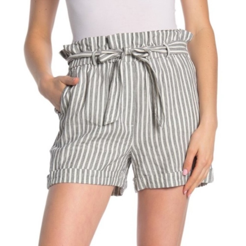 Frame Denim Striped Linen Paperbag Shorts with Tie, Black and White, Size XSmall